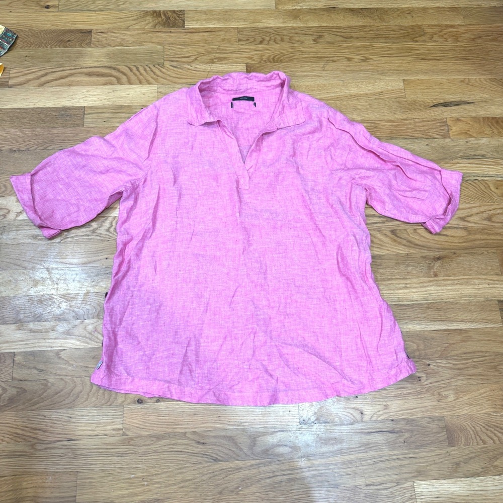 Pink 100% Linen Split Neck Tunic Top Side Buttons Roll Tab Sleeve